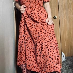 Summer Fall Smocked Wedding Guest Dress Short Sleeve Floral Boho Flowy Size M